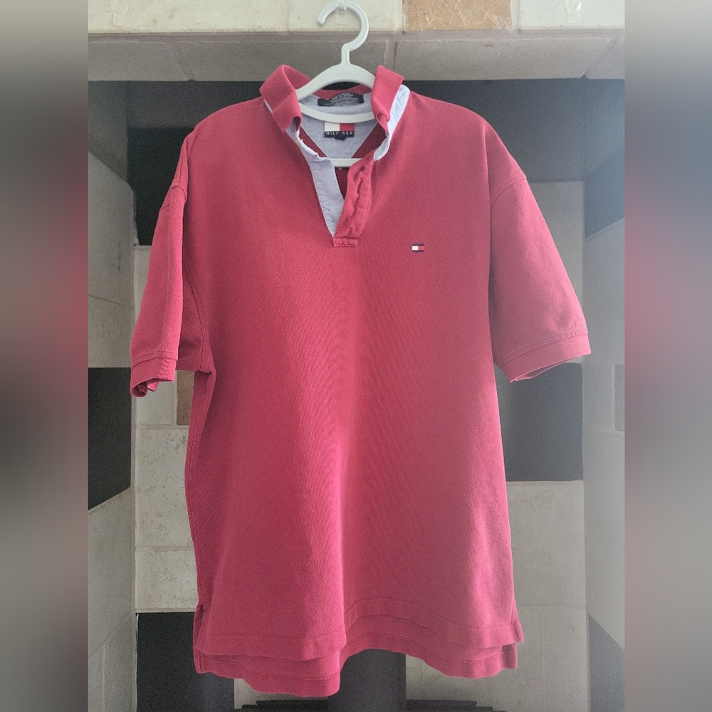 Tommy Hilfiger Red Short Sleeve Polo Shirt with Signature Logo Mens Size L